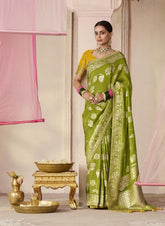 Leaf Green Woven Dola Silk Festive Saree