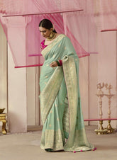 Pastel Green Woven Dola Silk Festive Saree