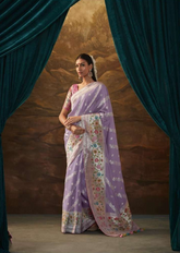 Lavender Embroidered Saree with Floral Border | Elegant Indian Ethnic Wear UK