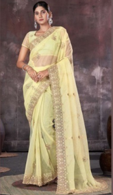 Elegant Yellow Embroidered Organza Net Saree with Stone Work – Party & Wedding Wear (Copy)