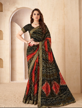 Black Traditional Bandhani Silk Saree with Woven Motifs | Premium Indian Ethnic Wear