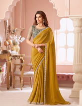 Mustard Designer Embroidered Saree with Blouse | UK Online Store