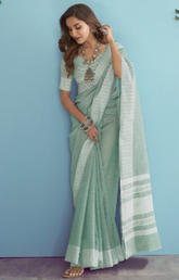 Premium Linen Cotton Green Colour Sarees for Women | Elegant Designer Indian Sarees UK