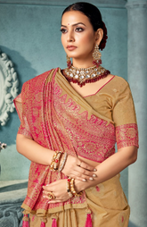 Soft Banarasi Silk Saree in Golden – Heavy Zari Weaving Border | Wedding & Party Wear Indian Saree UK