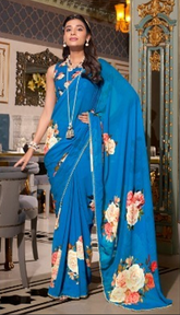 Firozi Floral Printed Saree with Pearl Border | Elegant Sarees UK