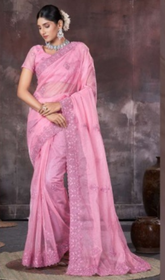 Elegant Baby Pink Embroidered Organza Net Saree with Stone Work – Party & Wedding Wear