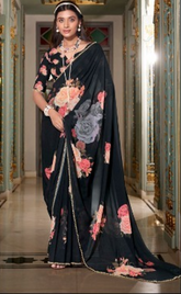 Black Floral Printed Saree with Pearl Border | Elegant Sarees UK
