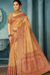 Soft Banarasi Silk Saree in Beige Gold – Heavy Zari Weaving Border | Wedding & Party Wear Indian Saree UK