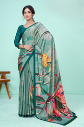 Turquoise Digital Print Crepe Saree