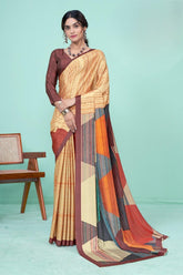 Golden Wood Color Digital Print Crepe Saree