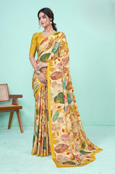 Yellow Digital Print Crepe Saree
