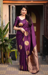 India Silk Purple Sarees Made From Soft Lichi Silk Cloth Combine Traditional Beauty With Exceptional Comfort