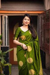 India Silk Green Sarees Made From Soft Lichi Silk Cloth Combine Traditional Beauty With Exceptional Comfort