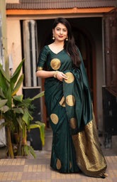 India Silk Dark Green Sarees Made From Soft Lichi Silk Cloth Combine Traditional Beauty With Exceptional Comfort