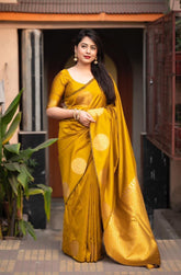 India Silk Yellow Sarees Made From Soft Lichi Silk Cloth Combine Traditional Beauty With Exceptional Comfort
