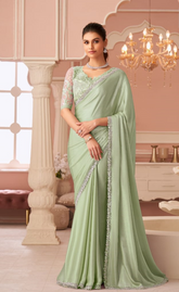 Pista Green Pastel Embroidered Saree for Weddings & Parties | UK