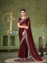 Wine Maroon Designer Chiffon Saree with Rich Embroidered Border | Wedding Wear UK