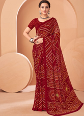 Maroon Bandhani Print Saree with Blouse Piece – Traditional Ethnic Wear for Women