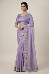 Lavender Embroidered Saree with Floral Lace Border | UK Online
