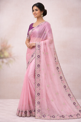 Pink Embroidered Saree with Floral Lace Border | UK Online