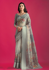 Grey Premium Printed Pure Linen Saree with Elegant Floral Design – Lightweight Party Wear Indian Saree UK