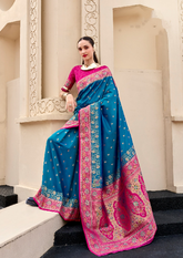 Morpeach Banarasi Silk Saree with Zari Border | Traditional Indian Ethnic Wear