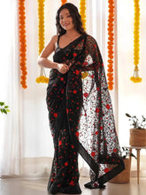 Shimmering Black Butterfly Net Saree with Exquisite Embroidery and Lace