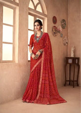 India Silk Red Chiffon Saree Features A Beautifully Attached Banarasi Border Combining The Softness And Flow Of Chiffon