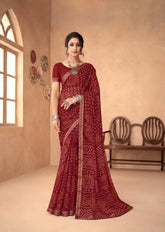 India Silk Maroon Chiffon Saree Features A Beautifully Attached Banarasi Border Combining The Softness And Flow Of Chiffon