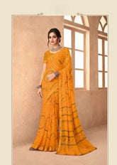 India Silk Yellow Chiffon Saree Features A Beautifully Attached Banarasi Border Combining The Softness And Flow Of Chiffon