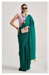 India Silk Dark Green Sarees Crafted From Soft Viscose Mul Fabric Offer A Perfect Blend Of Comfort And Elegance