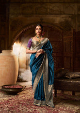 India Silk Blue Silk Sarees Are Crafted From Soft Banarasi Silk Fancy Fabric Featuring A Beautiful Lace