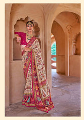 India Silk Cream And Magenta Printed Sarees Combine The Richness Of Pure Silk With Exquisite Luxury Prints