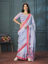 India Silk Sky Blue Sarees Crafted With Handloom Linen Showcase Beautiful Weaving That Highlights Traditional Artistry