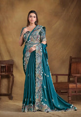 India Silk Teal Blue Sarees Featuring A Blend Of Multiple Fabrics Offer A Perfect Balance Of Elegance