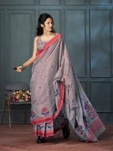 India Silk Grey Sarees Crafted With Handloom Linen Showcase Beautiful Weaving That Highlights Traditional Artistry