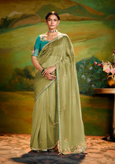 India Silk Olive Green Sarees Crafted From Delicate Tissue Organza Feature Beautiful Embroidery With Traditional Butti