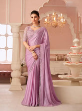 India Silk Light Lavender Sarees With Silver Chiffon Shimmer Combine Rich Silk Texture With A Delicate