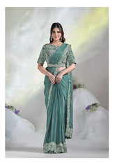 India Silk Teal Green Sarees Made From Crepe Satin Silk Blend Traditional Craftsmanship With A Soft Elegant Texture