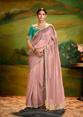 India Silk Pink Sarees Crafted From Delicate Tissue Organza Feature Beautiful Embroidery With Traditional Butti
