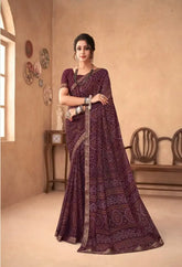 India Silk Deep Purple Chiffon Saree Features A Beautifully Attached Banarasi Border Combining The Softness And Flow Of Chiffon