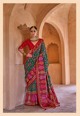 India Silk Green and Magenta Sarees Combine The Richness Of Pure Silk With Exquisite Luxury Prints