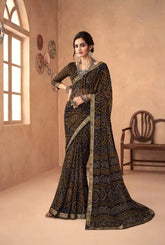 India Silk Black Chiffon Saree Features A Beautifully Attached Banarasi Border Combining The Softness And Flow Of Chiffon