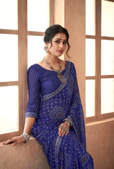 India Silk Dark Blue Chiffon Saree Features A Beautifully Attached Banarasi Border Combining The Softness And Flow Of Chiffon