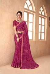 India Silk Magenta Chiffon Saree Features A Beautifully Attached Banarasi Border Combining The Softness And Flow Of Chiffon