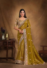 India Silk Mustard Yellow  Sarees Featuring A Blend Of Multiple Fabrics Offer A Perfect Balance Of Elegance