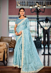 India Silk Blue Outfit Features Luxurious Heavy Burberry Fabric Enhanced With A Beautifully