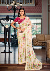 India Silk White Outfit Features Luxurious Heavy Burberry Fabric Enhanced With A Beautifully