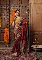 India Silk Maroon Sarees Showcase Pure Silk Weaving Combined With Fancy Fabric