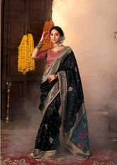 India Silk Black Sarees Showcase Pure Silk Weaving Combined With Fancy Fabric